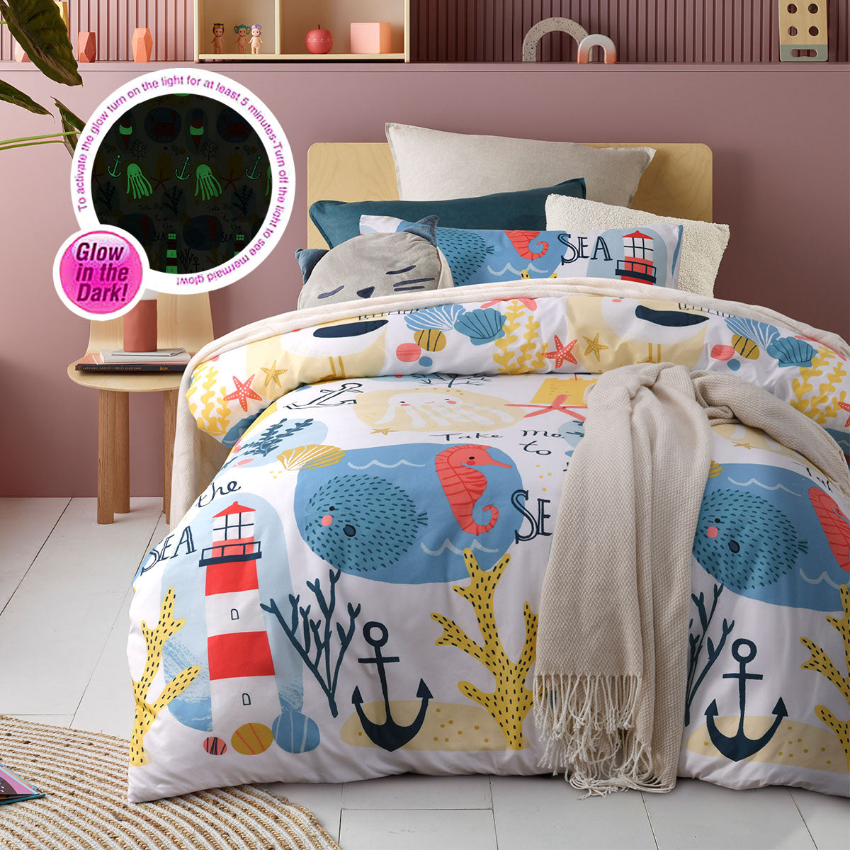 Happy Kids Seaside Glow in the Dark Quilt Cover Set featuring vibrant colors and playful designs, perfect for children's bedrooms.