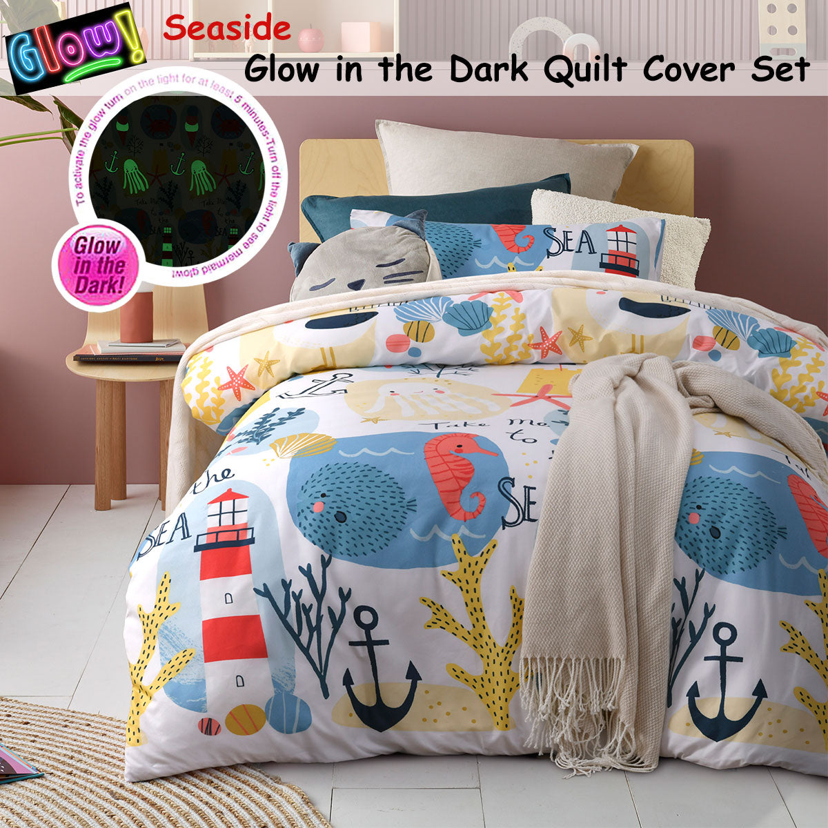 Happy Kids Seaside Glow in the Dark Quilt Cover Set featuring vibrant colors and playful designs, perfect for children's bedrooms.