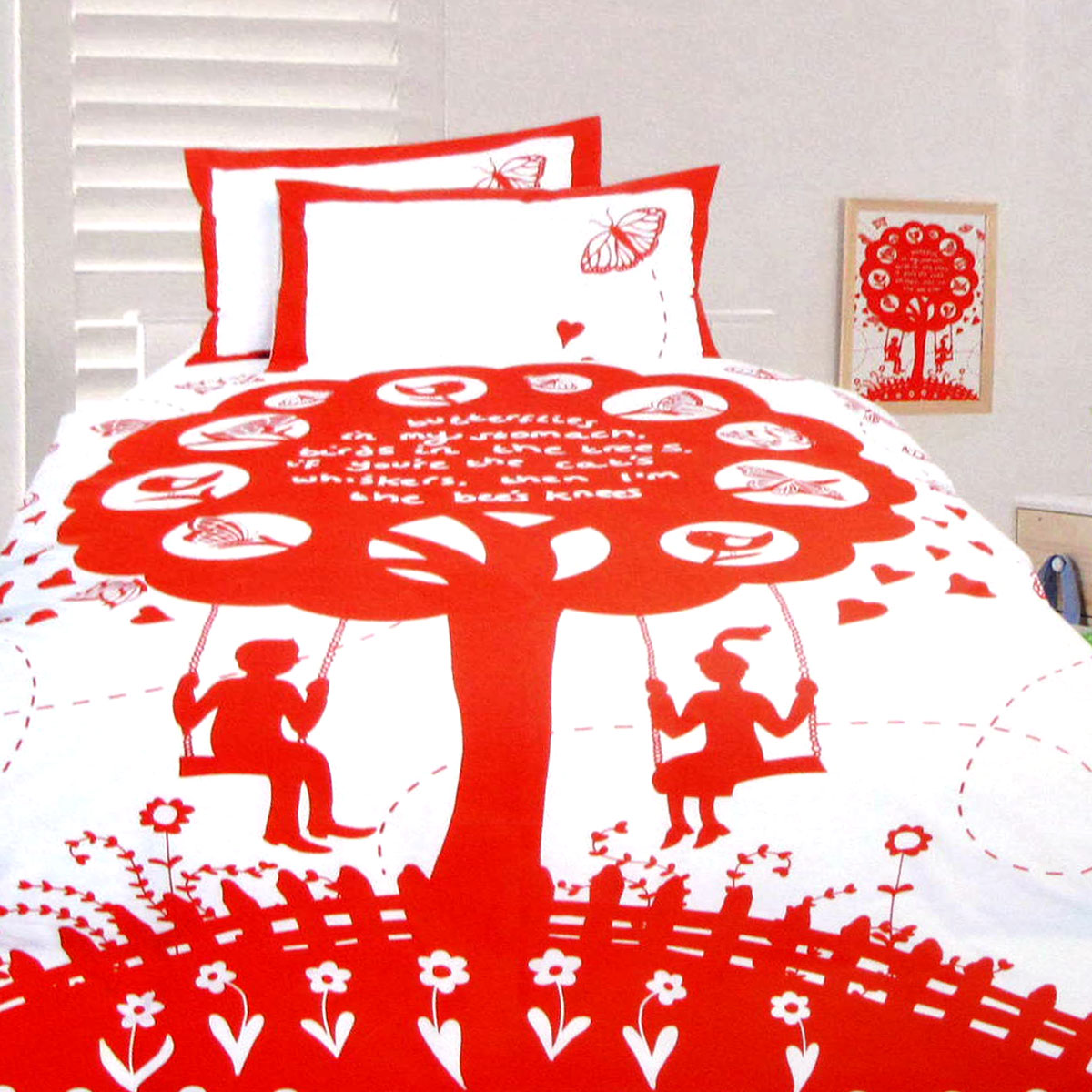 Happy Kids The Bees Knees Red Quilt Cover Set featuring a tree design with a swing in vibrant red and white colors, perfect for a girl's bedroom.