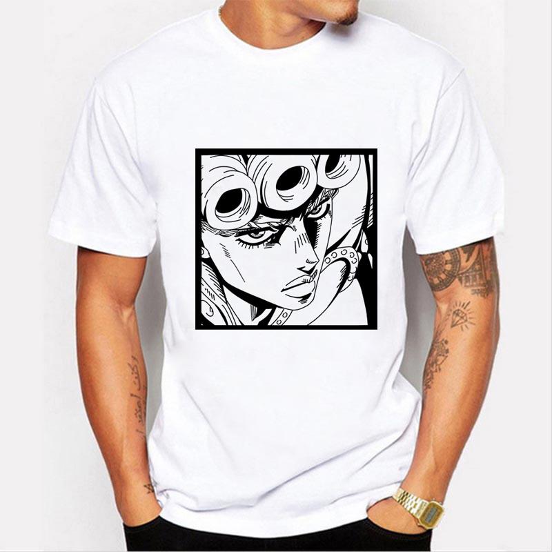 Harajuku Tees Men's t-shirt featuring JOJO no kimyou Na Bouken series cartoon print, soft polyester material, and crew neck design.