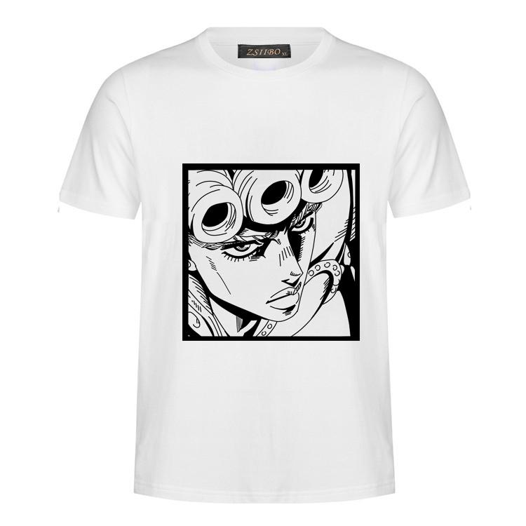 Harajuku Tees Men's t-shirt featuring JOJO no kimyou Na Bouken series cartoon print, soft polyester material, and crew neck design.