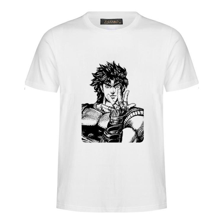 Harajuku Tees Men's t-shirt featuring JOJO no kimyou Na Bouken series cartoon print, soft polyester material, and crew neck design.