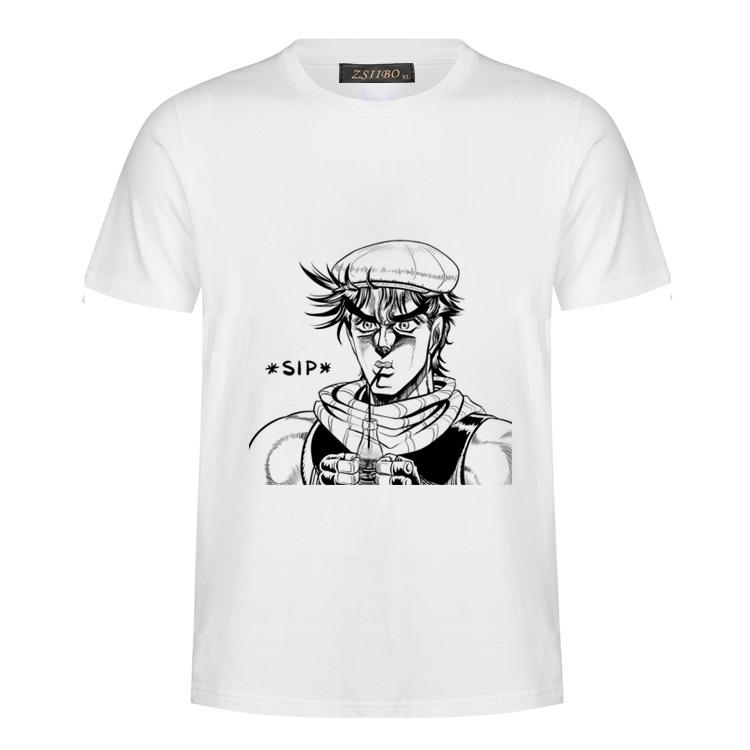 Harajuku Tees Men's t-shirt featuring JOJO no kimyou Na Bouken series cartoon print, soft polyester material, and crew neck design.