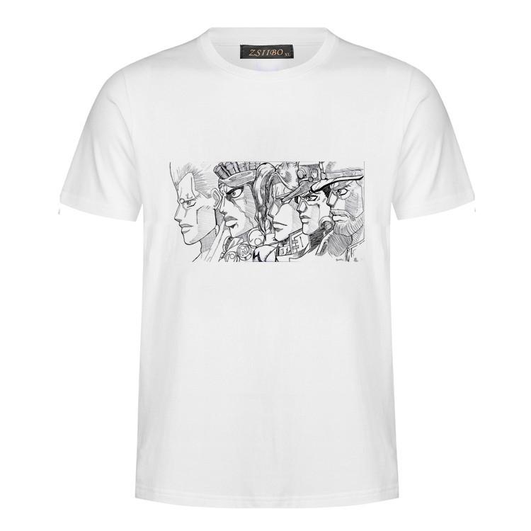 Harajuku Tees Men's t-shirt featuring JOJO no kimyou Na Bouken series cartoon print, soft polyester material, and crew neck design.