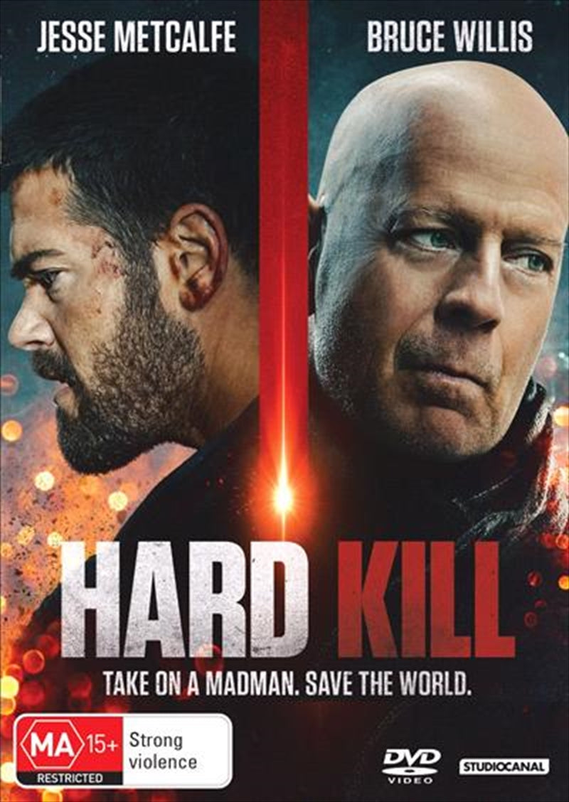 Hard Kill DVD cover featuring Bruce Willis in an action pose, showcasing intense scenes from the movie.