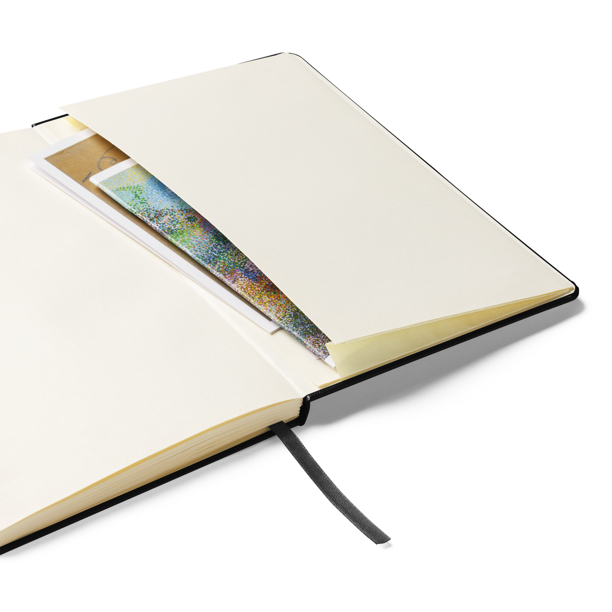 A stylish hardcover bound notebook with an elastic closure, ribbon marker, and expandable inner pocket, featuring lined cream-colored pages.