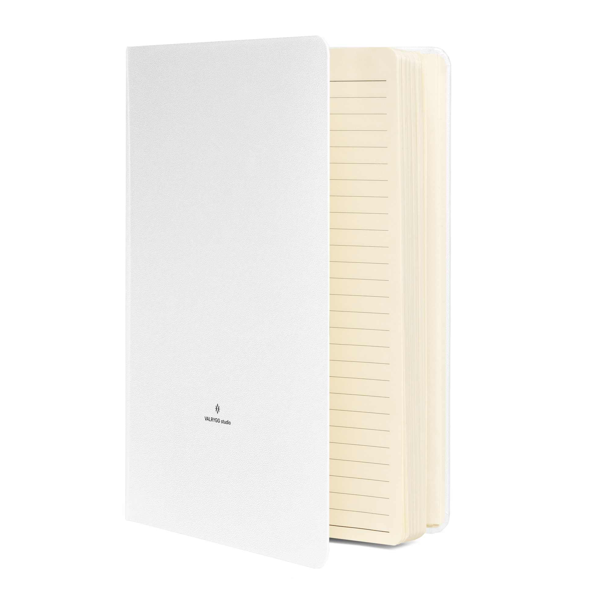 A stylish hardcover bound notebook with an elastic closure, ribbon marker, and expandable inner pocket, featuring lined cream-colored pages.