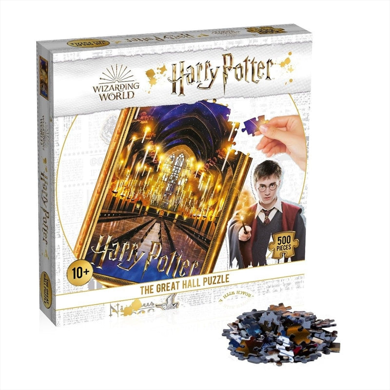 A 500 piece puzzle featuring the Great Hall from Harry Potter, showcasing intricate details and vibrant colors.