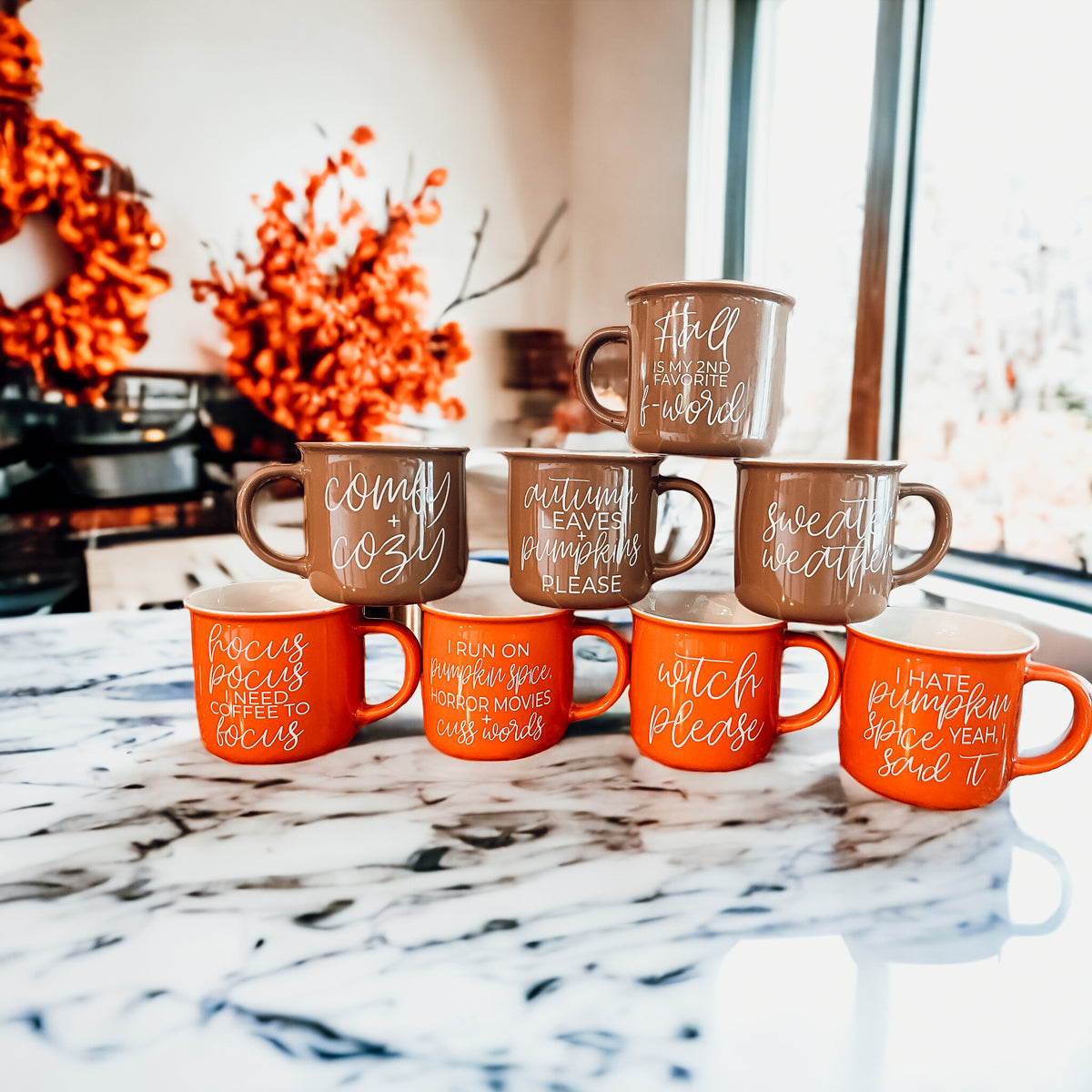 Hate Pumpkin Mug in vibrant orange with white lettering, featuring the phrase 'I hate pumpkin spice, yeah I said it' on both sides.