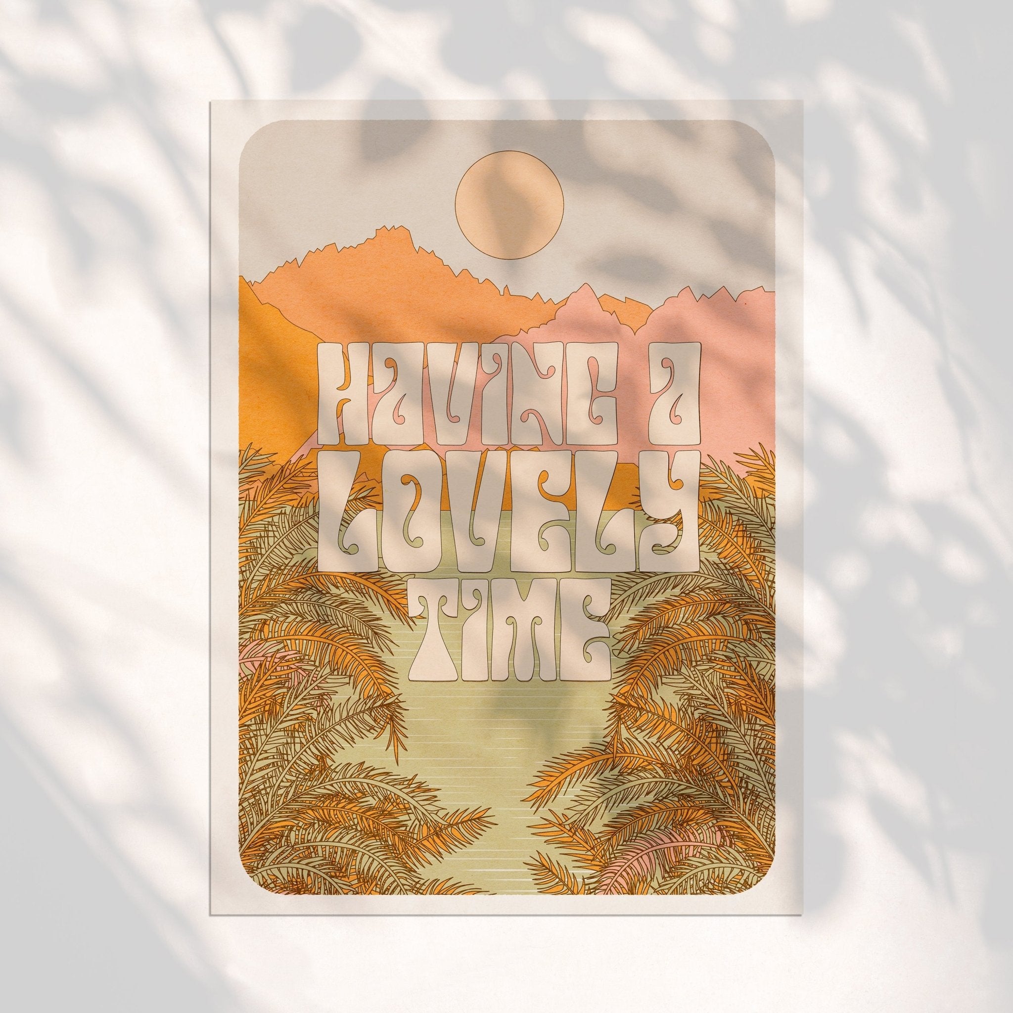 A vibrant retro typographic art print featuring a moon and landscape illustration, perfect for home decor.