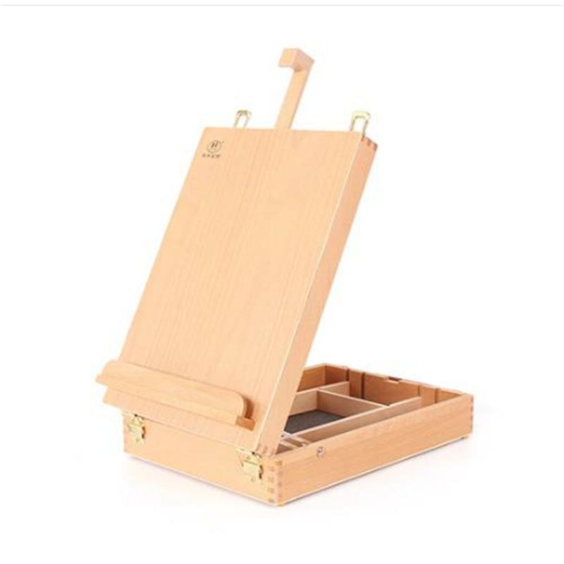 HBX-11 Portable Beech Sketch Box with Easel, showcasing its wood color and compartments for art supplies.