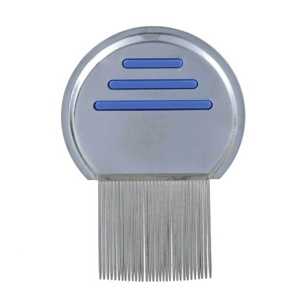 Stainless steel head lice comb with long teeth and rounded ends for effective nit removal.