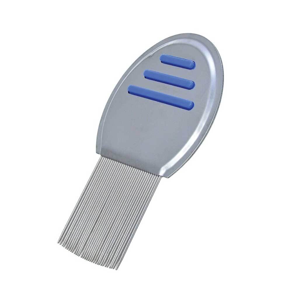 Stainless steel head lice comb with long teeth and rounded ends for effective nit removal.