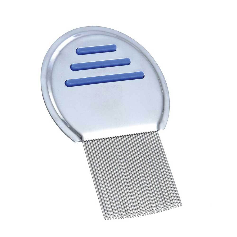 Stainless steel head lice comb with long teeth and rounded ends for effective nit removal.