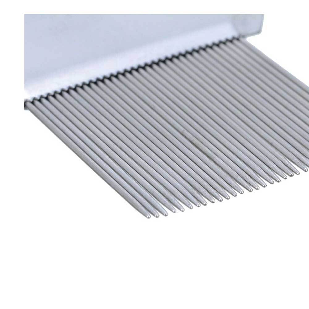 Stainless steel head lice comb with long teeth and rounded ends for effective nit removal.