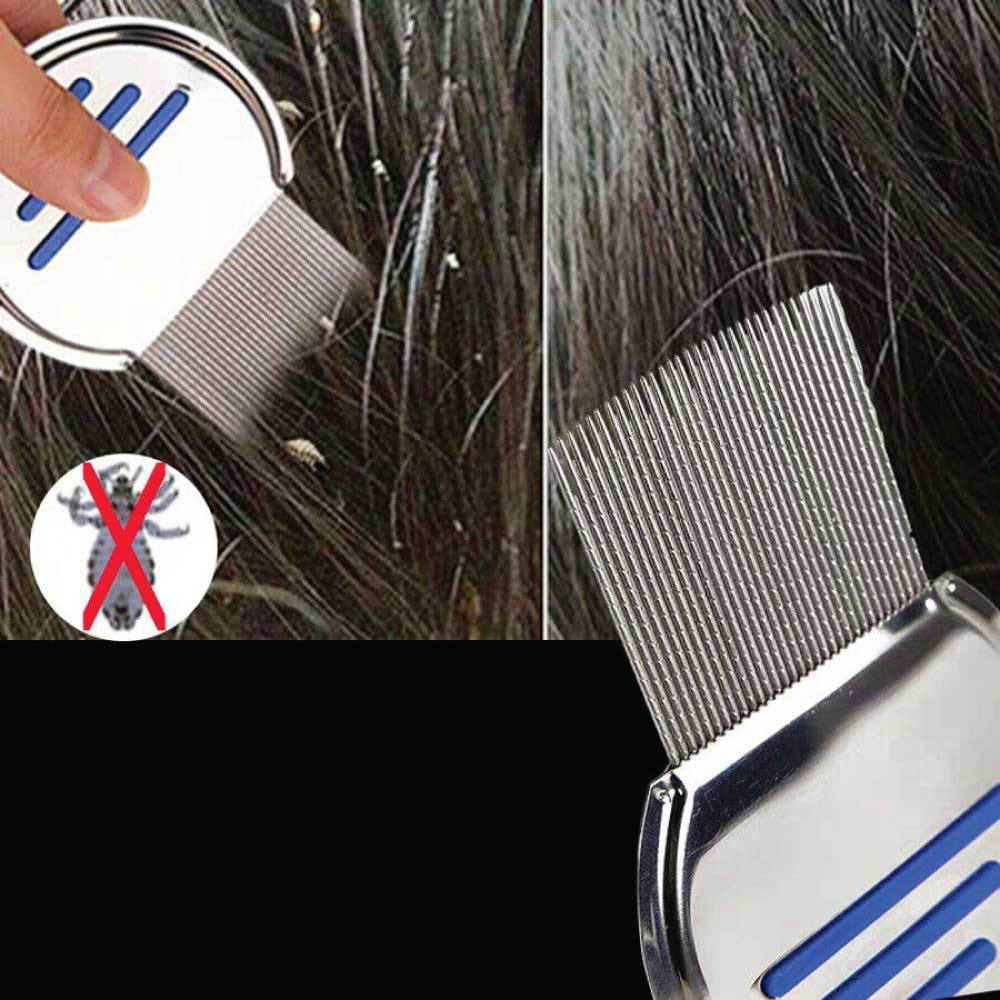 Stainless steel head lice comb with long teeth and rounded ends for effective nit removal.