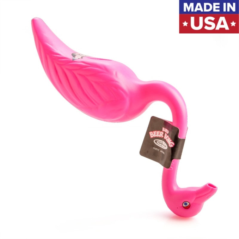 A vibrant flamingo-shaped beer bong designed for fun drinking experiences.