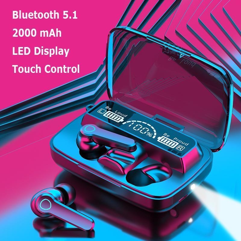 Bluetooth 5.1 Sport Earpiece with charging case, showcasing sleek design and LED display.