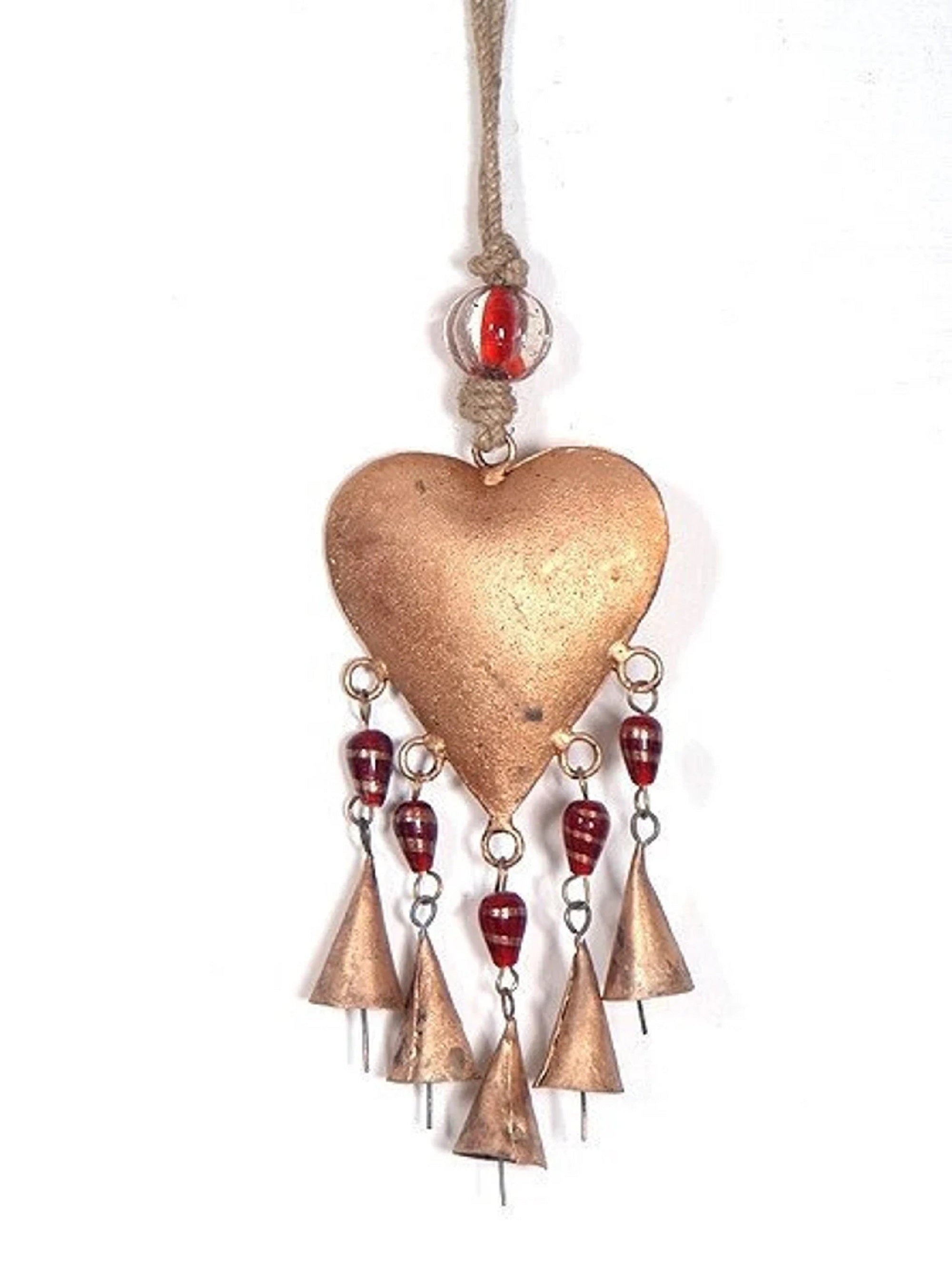 Heart Chime brass bells decorative ornament featuring colorful glass beads and tin bells, handmade from sustainable materials.