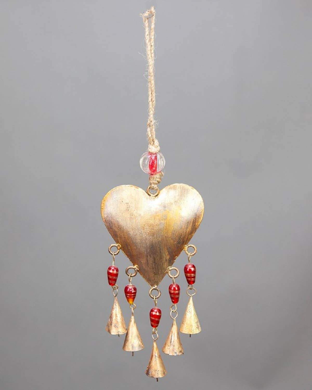 Heart Chime brass bells decorative ornament featuring colorful glass beads and tin bells, handmade from sustainable materials.