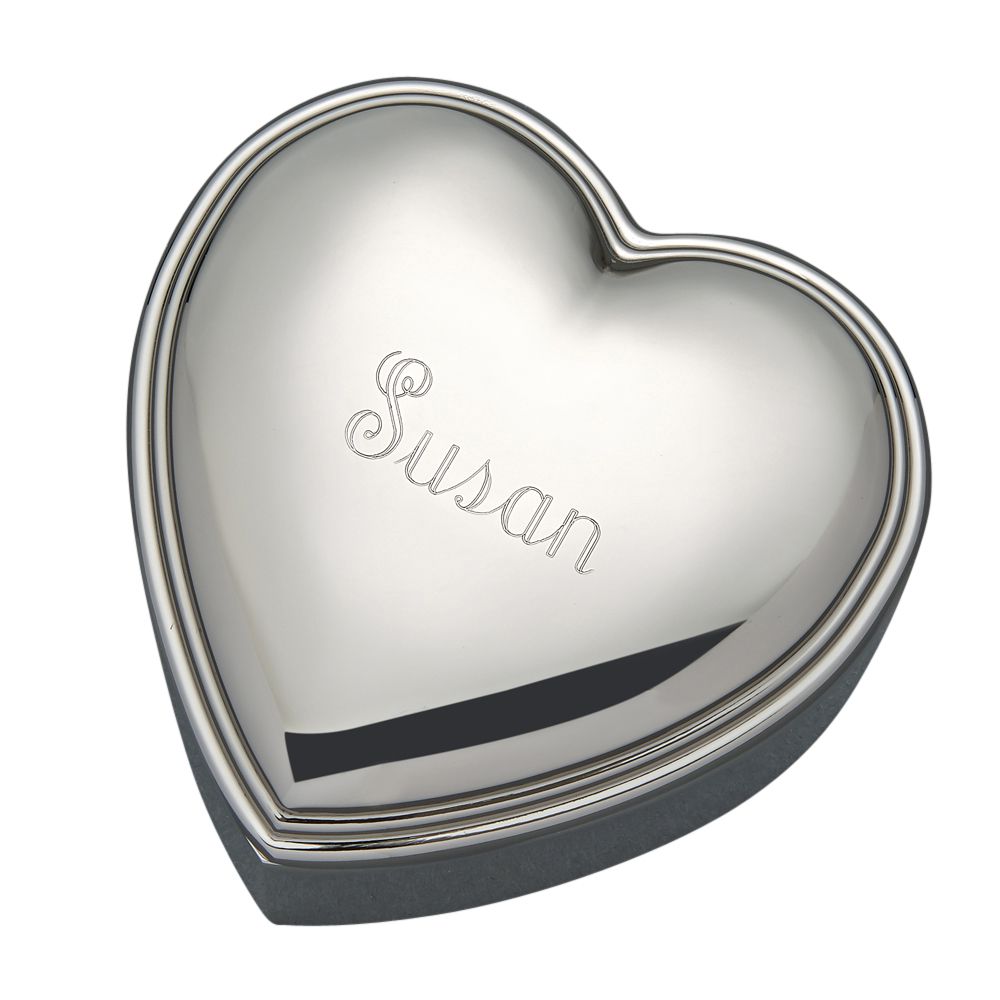 A beautiful 3-inch heart shaped jewelry box with a shiny silver nickel plating and dark blue flocked lining, perfect for storing precious items.