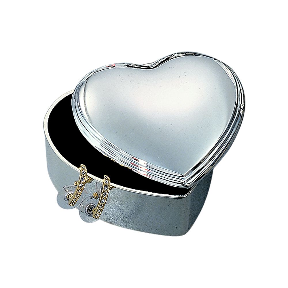 A beautiful 3-inch heart shaped jewelry box with a shiny silver nickel plating and dark blue flocked lining, perfect for storing precious items.