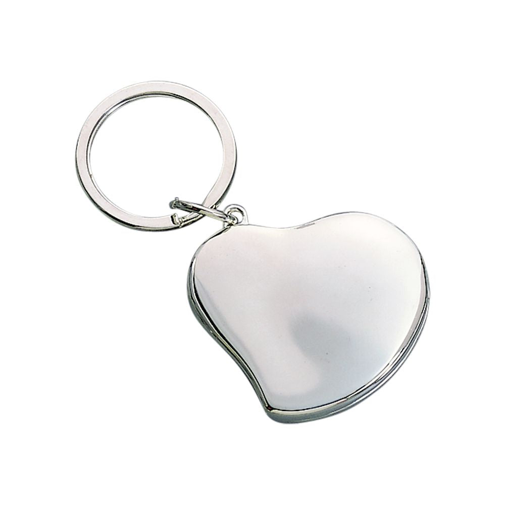 Heart shaped locket keychain with two photo slots and a shiny silver finish, elegantly designed for personal use or gifting.