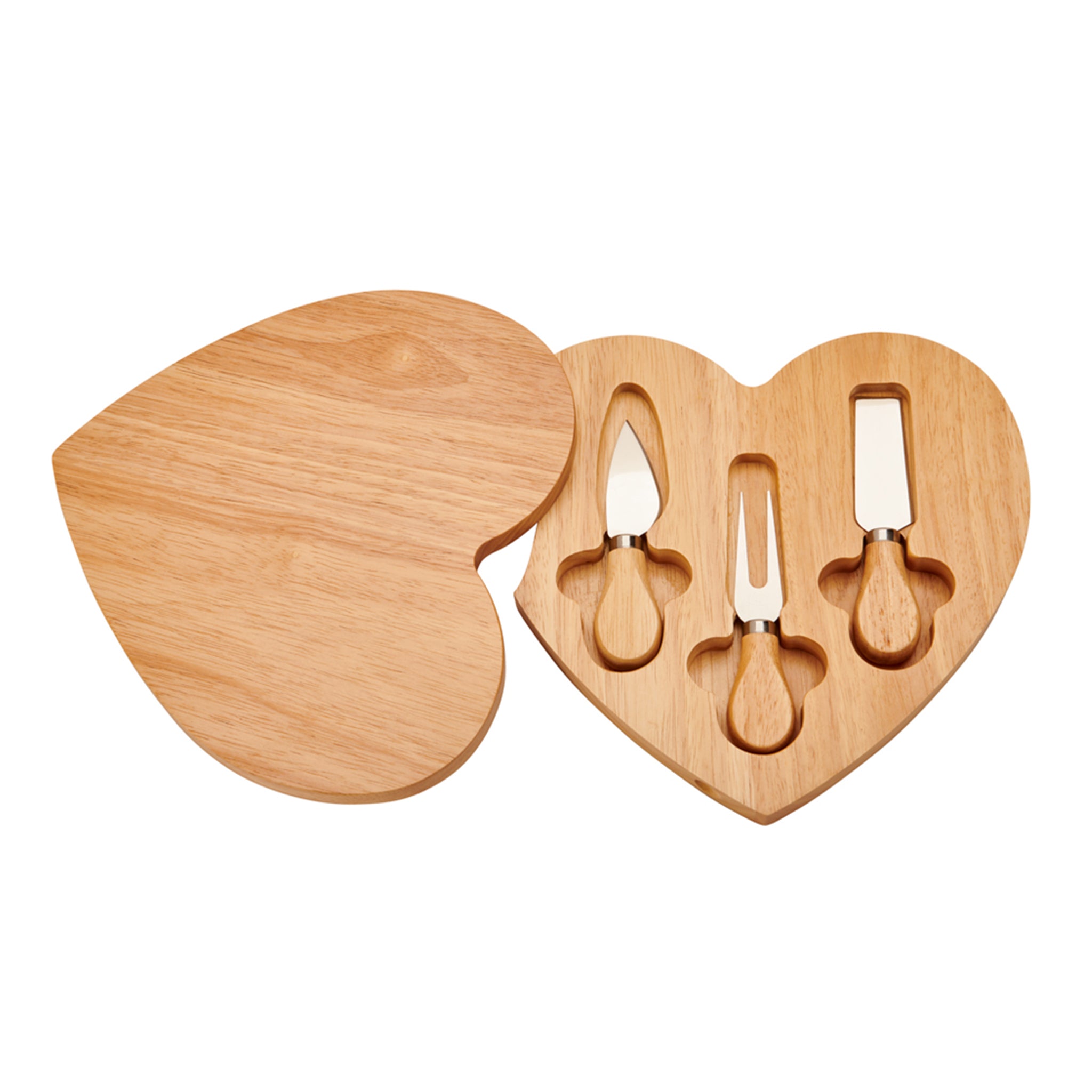 Heart-shaped rubber wood cheese board with stainless steel tools, elegantly presented in a white gift box.