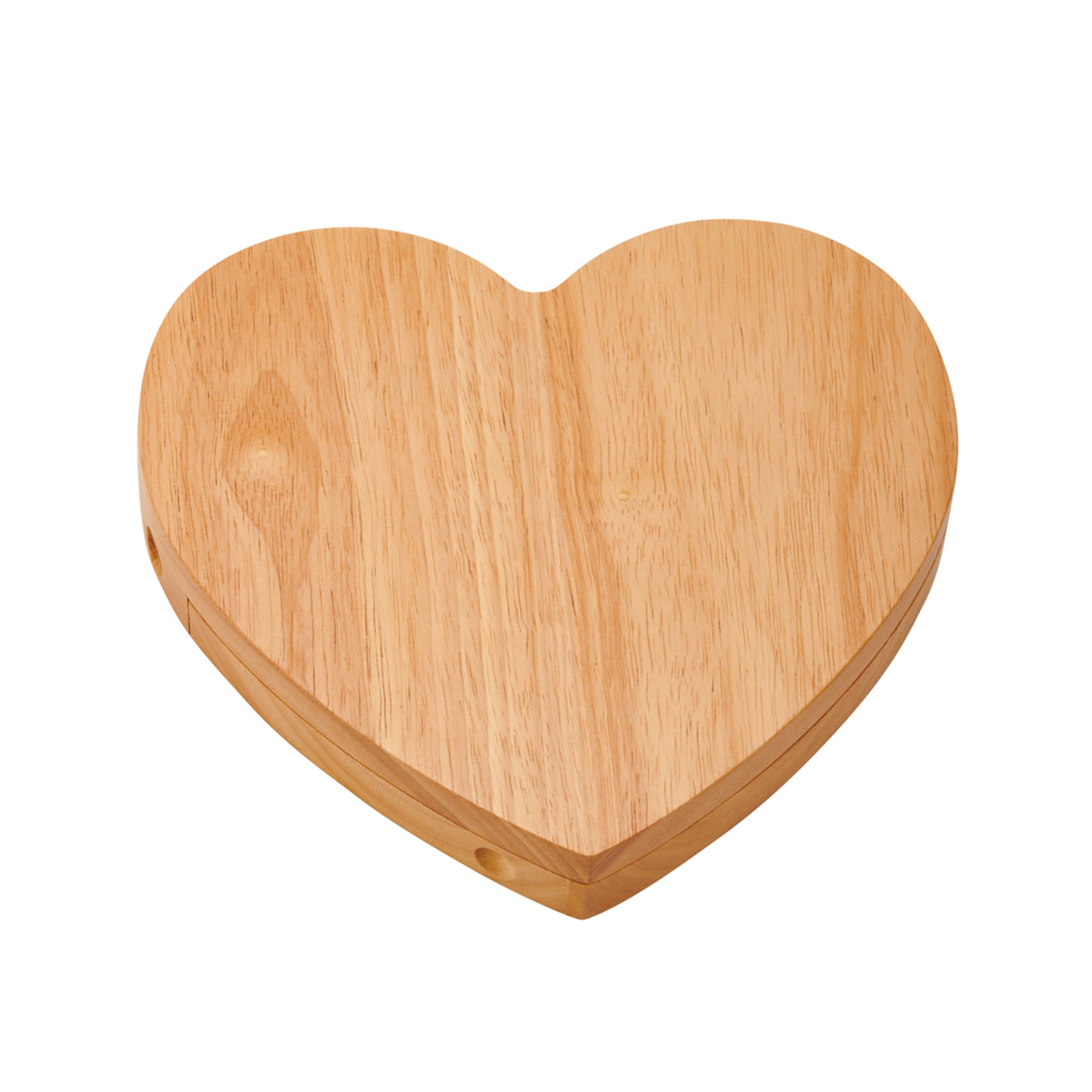 Heart-shaped rubber wood cheese board with stainless steel tools, elegantly presented in a white gift box.