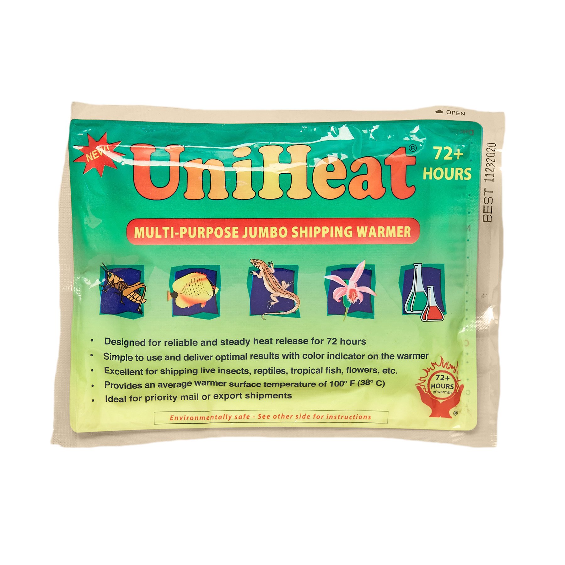 Uniheat heat pack designed for shipping plants in winter, featuring a color indicator for heat activation and maintaining optimal temperature.