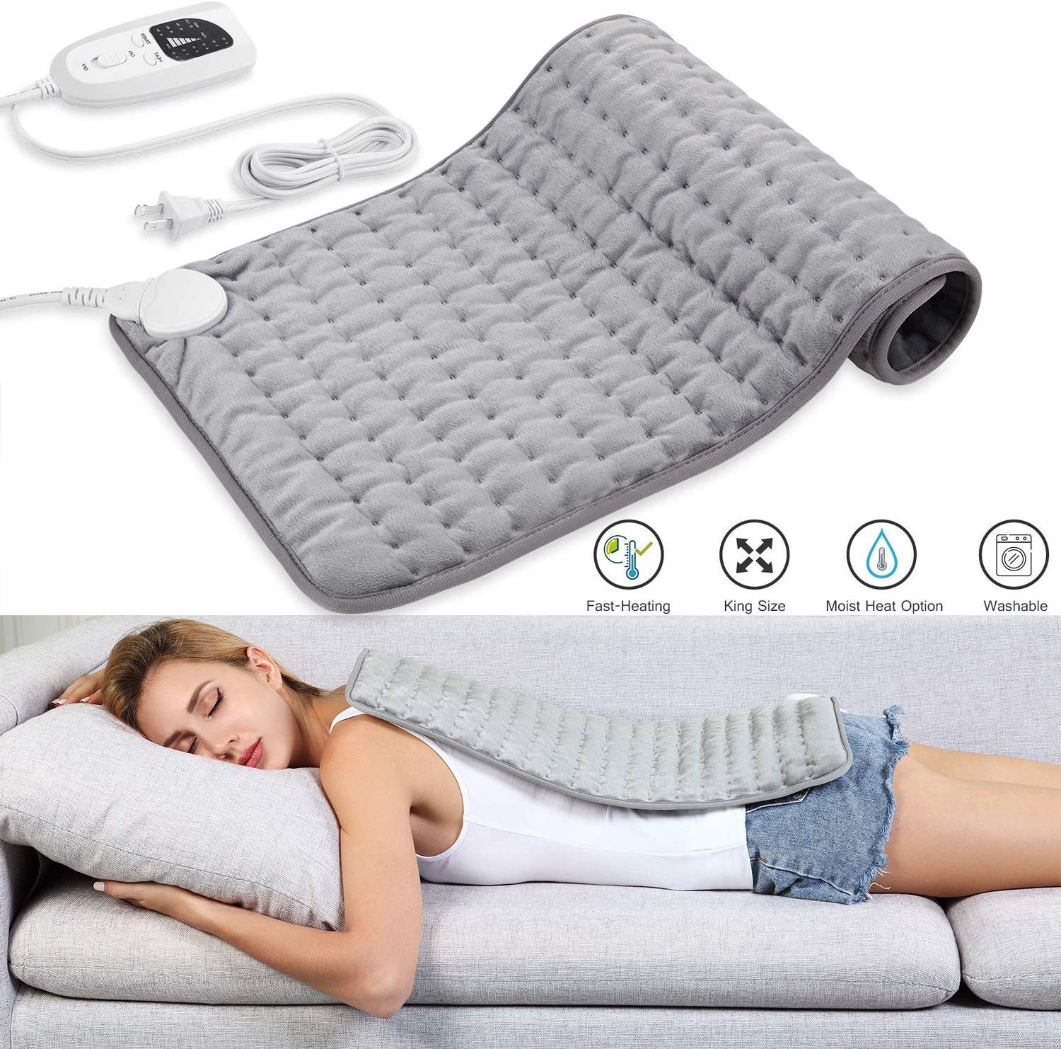 Electric heating pad measuring 12" x 24" with digital controls and soft fabric for comfort.