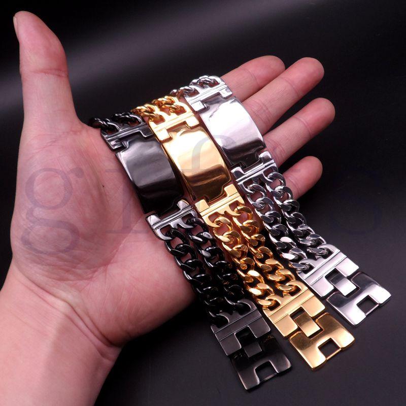 Heavy Gothic Men's Fashion Bracelet in silver, gold, and black tones made of stainless steel, showcasing a stylish link chain design.