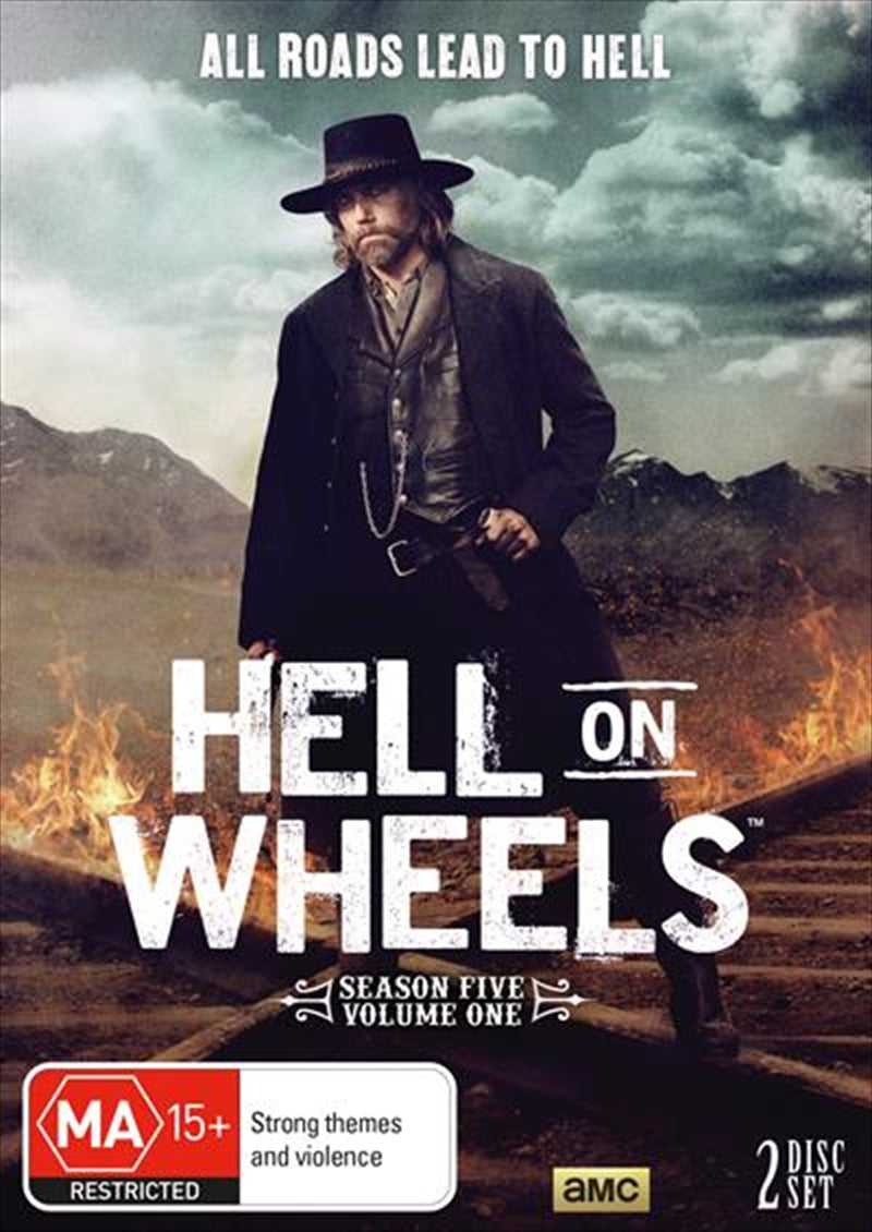 Hell On Wheels - Season 5 DVD cover featuring Cullen Bohannon in a dramatic pose, set against a backdrop of the transcontinental railroad.