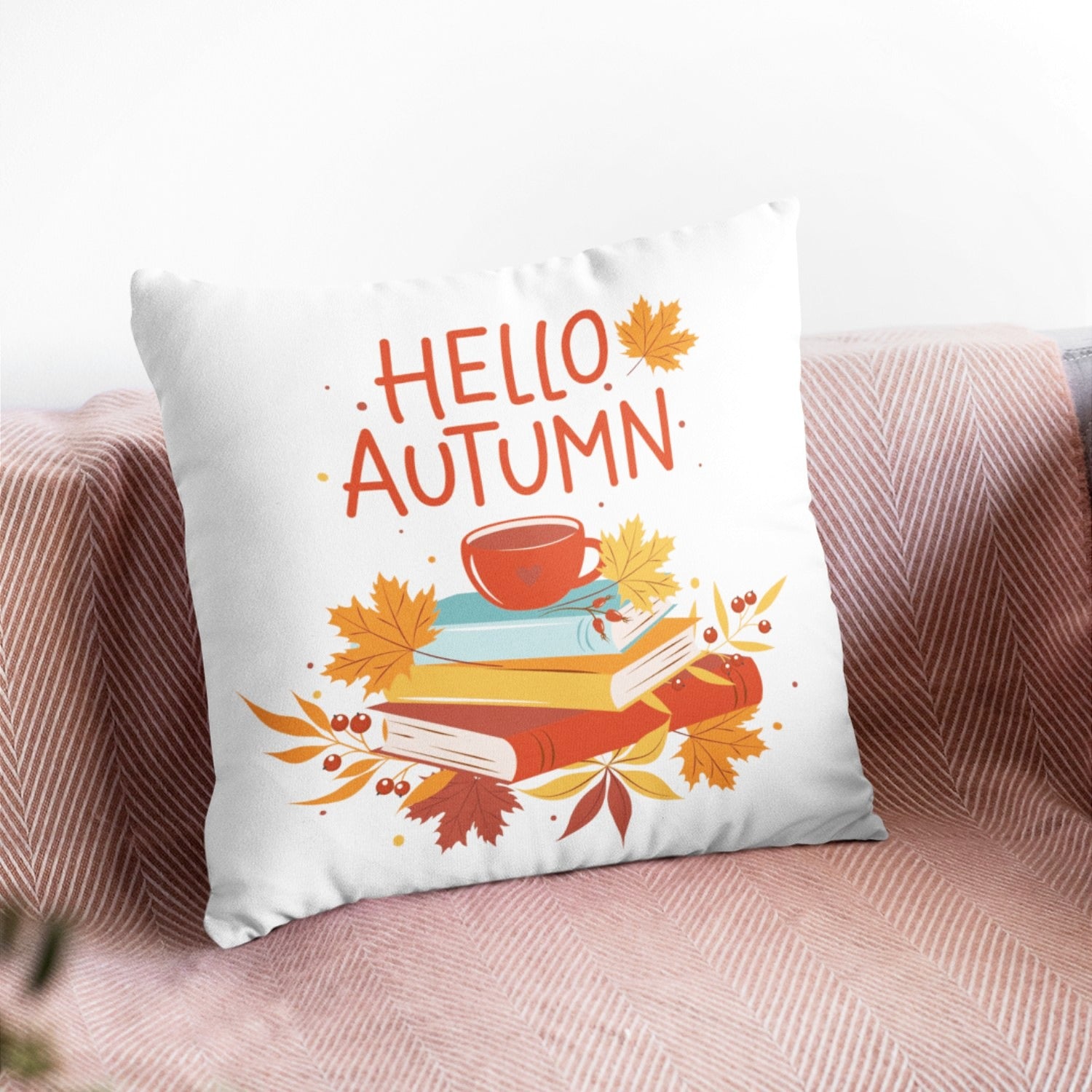 Hello Autumn Pillow Cover featuring vibrant fall-themed digital print on one side and light cream back, perfect for seasonal home decor.