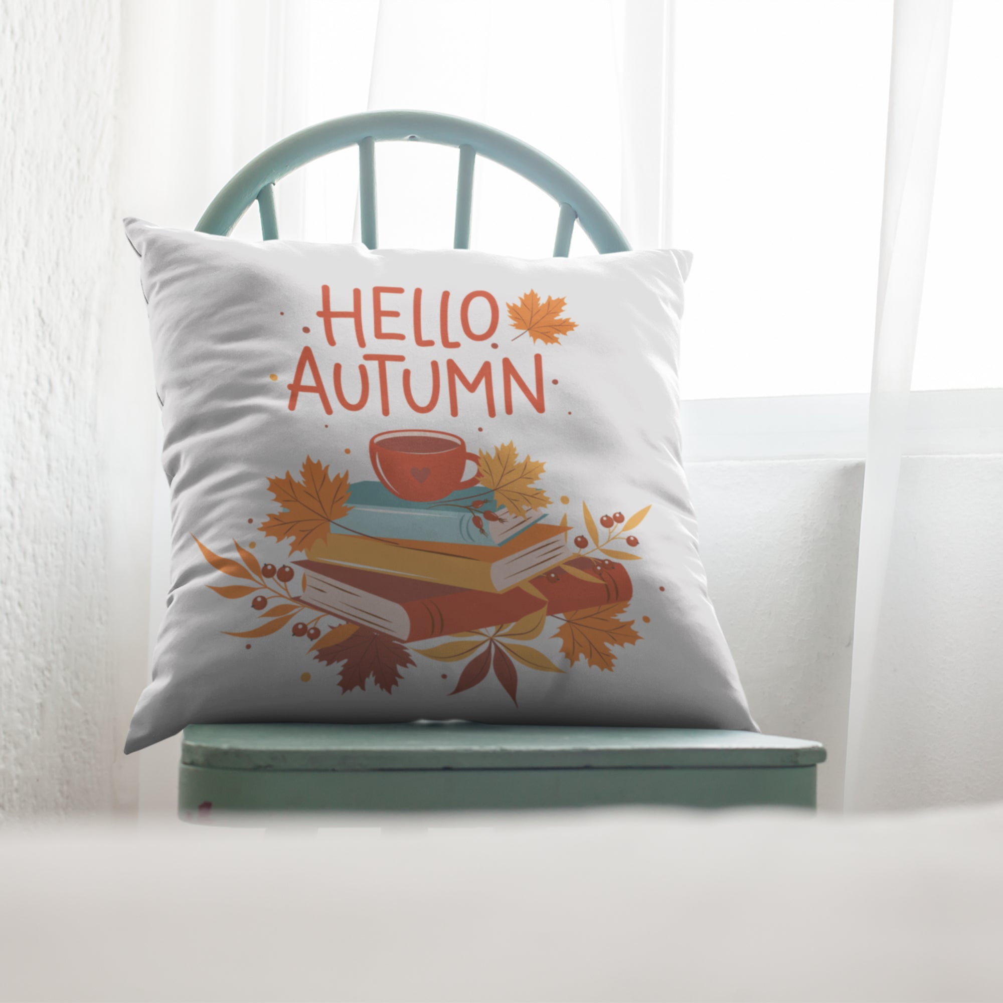 Hello Autumn Pillow Cover featuring vibrant fall-themed digital print on one side and light cream back, perfect for seasonal home decor.