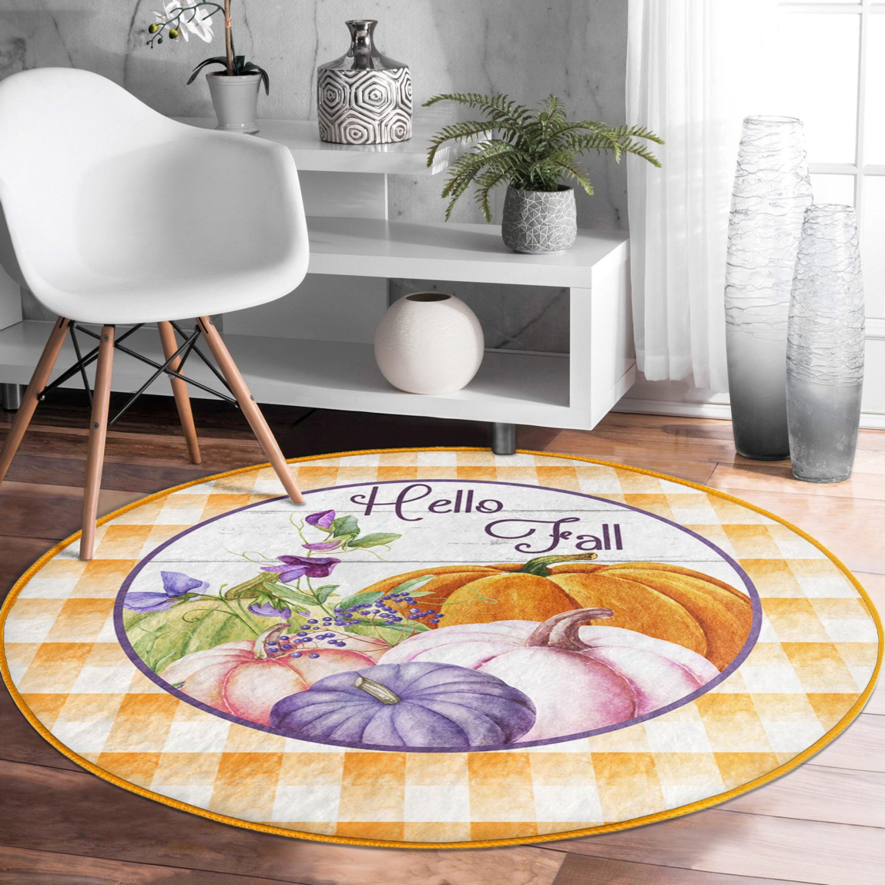 Hello Fall round rug featuring soft shiny velvet fabric, perfect for living room decoration, showcasing elegant fall colors.