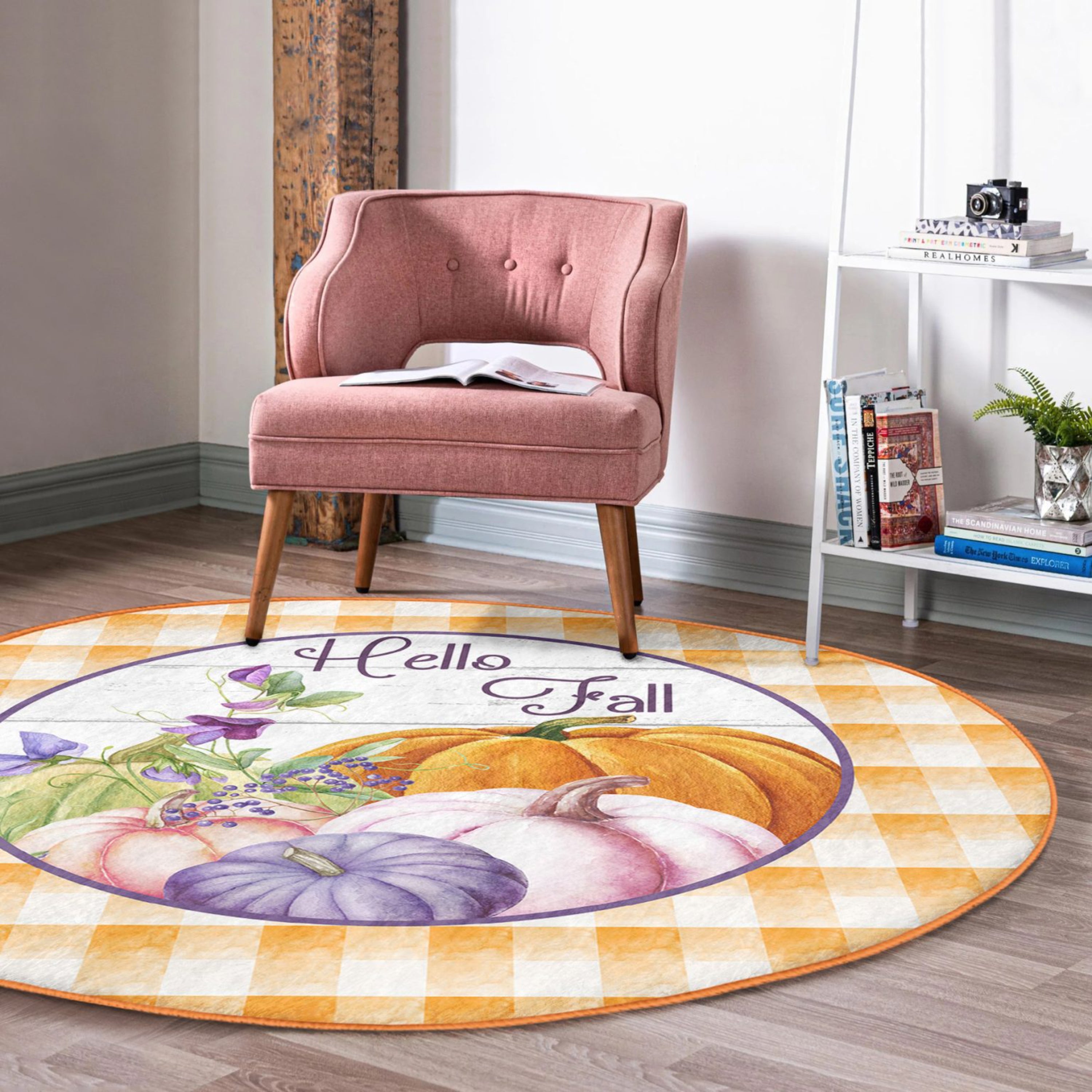 Hello Fall round rug featuring soft shiny velvet fabric, perfect for living room decoration, showcasing elegant fall colors.