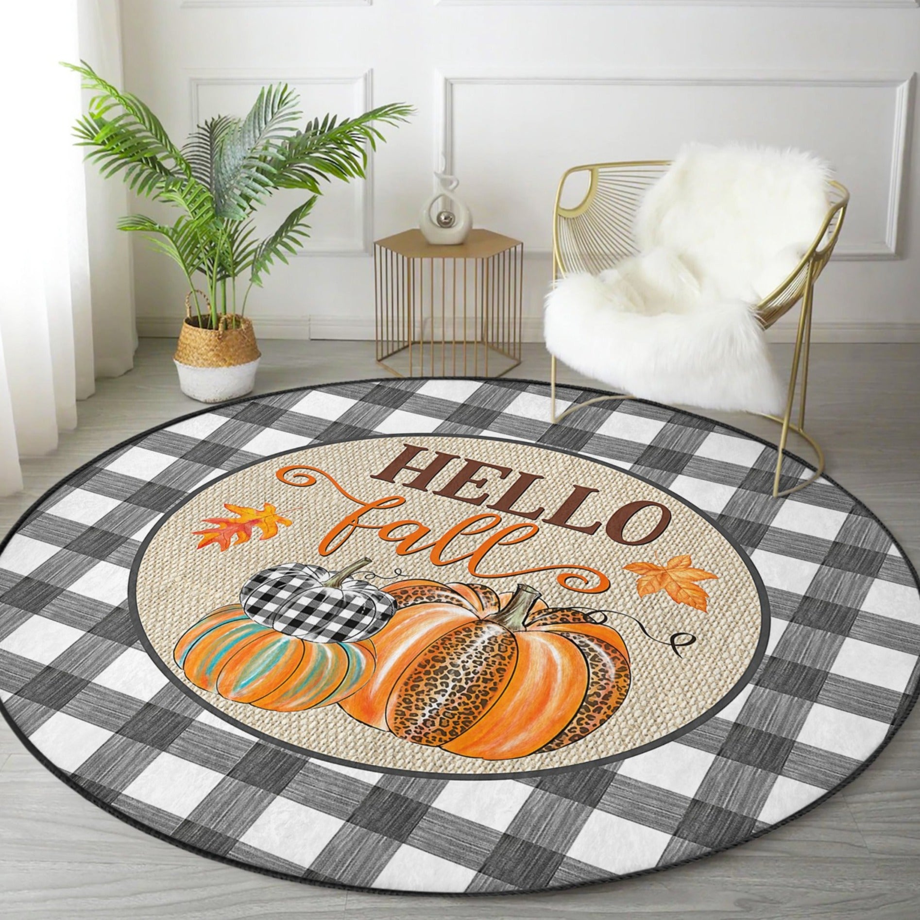 Hello Fall Pattern Home Decor Washable Round Rug featuring vibrant colors and intricate design, perfect for seasonal home decor.