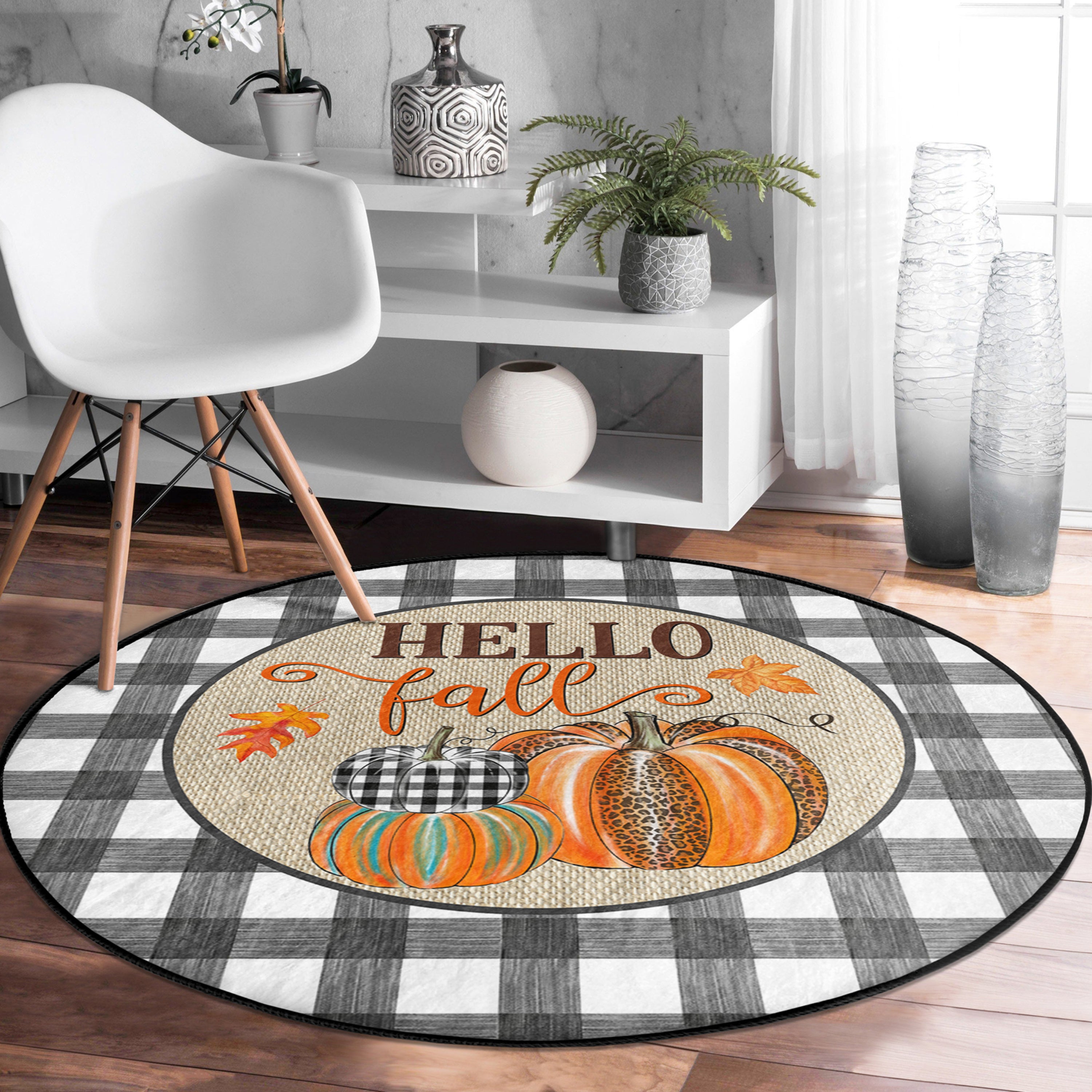 Hello Fall Pattern Home Decor Washable Round Rug featuring vibrant colors and intricate design, perfect for seasonal home decor.