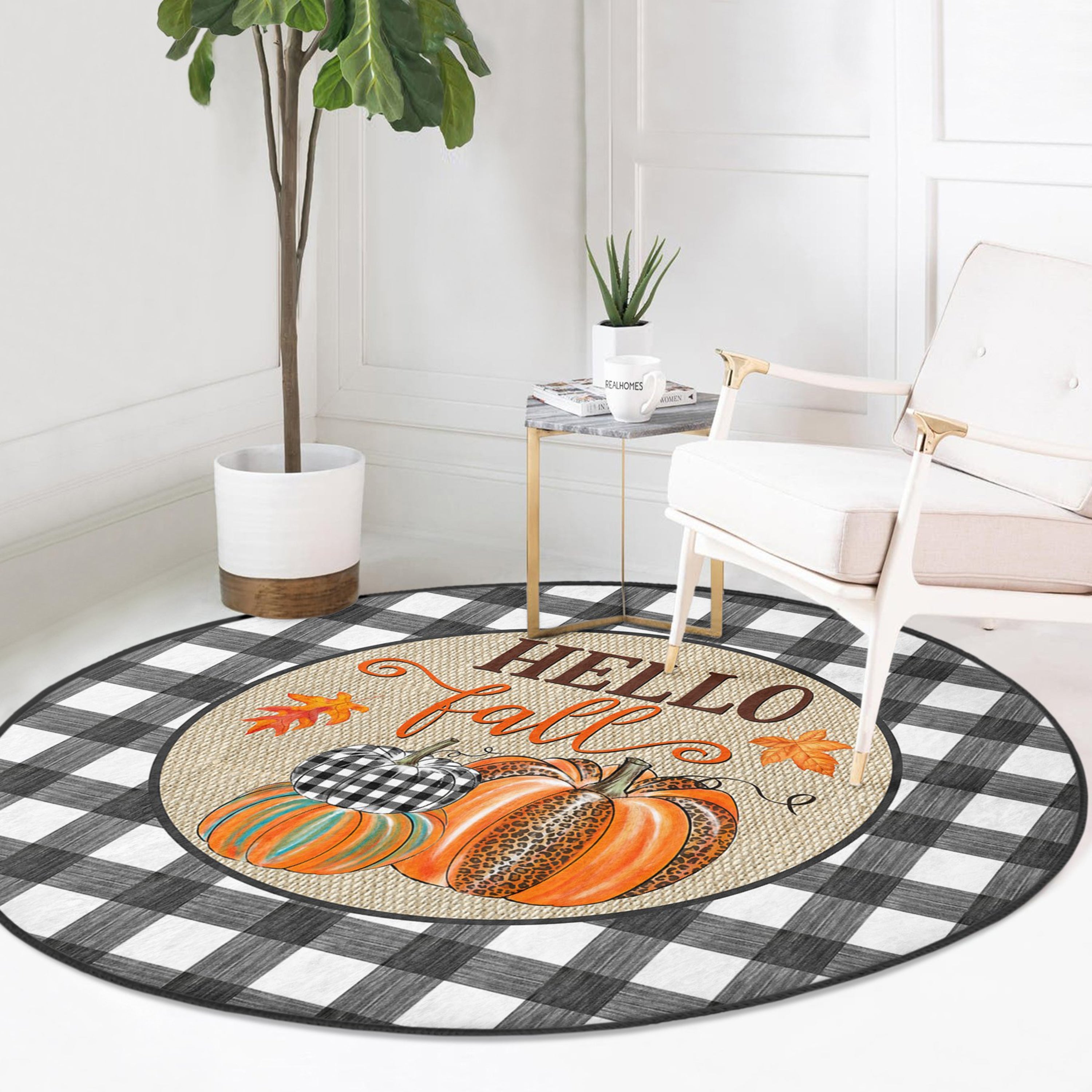 Hello Fall Pattern Home Decor Washable Round Rug featuring vibrant colors and intricate design, perfect for seasonal home decor.