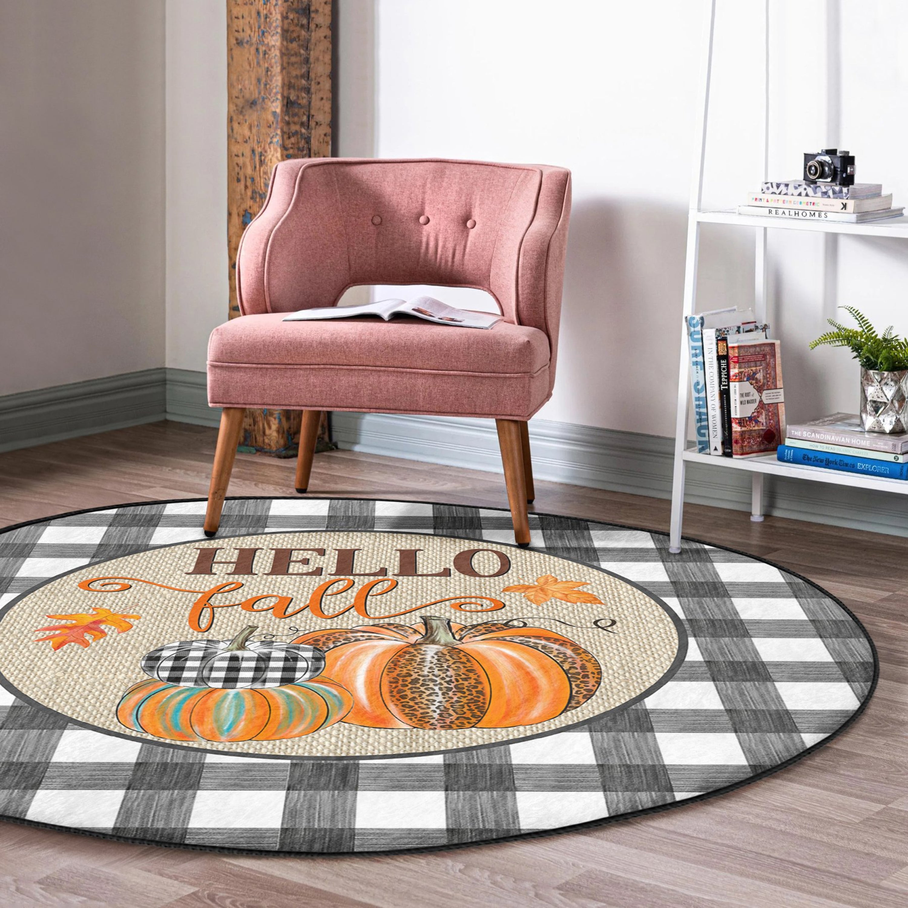 Hello Fall Pattern Home Decor Washable Round Rug featuring vibrant colors and intricate design, perfect for seasonal home decor.