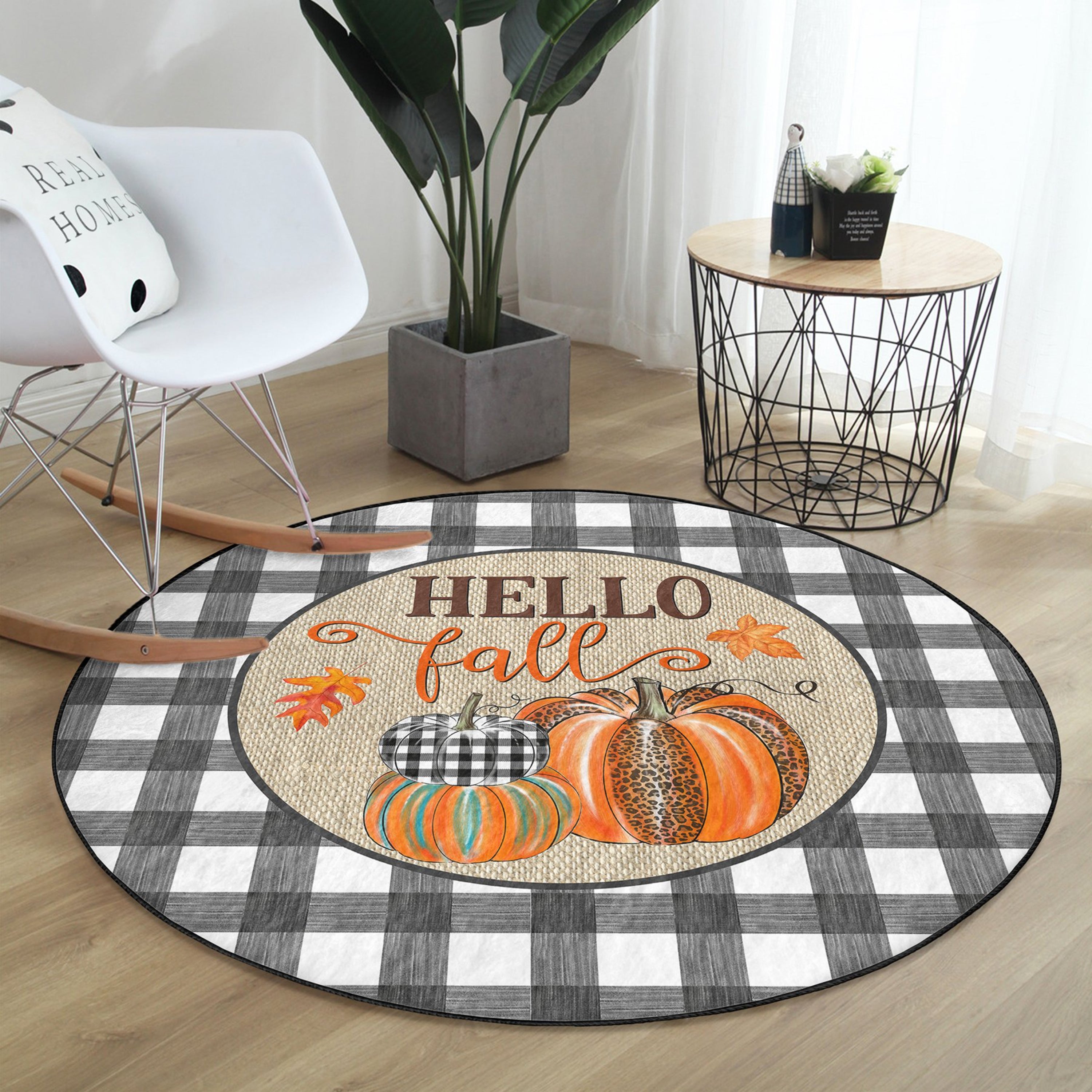 Hello Fall Pattern Home Decor Washable Round Rug featuring vibrant colors and intricate design, perfect for seasonal home decor.