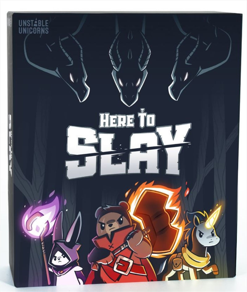 Here To Slay card game featuring colorful hero and monster illustrations, showcasing the game's fantasy theme.