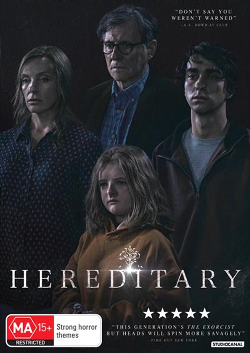 Hereditary DVD cover featuring a haunting image of a family with dark shadows, symbolizing the film's eerie themes.