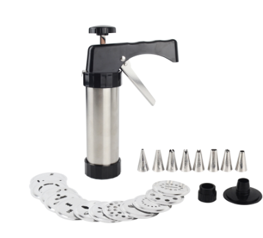 High Quality Biscuit Press Machine with 1 gun and 8 nozzles for cookie and cake decoration, made of stainless steel.