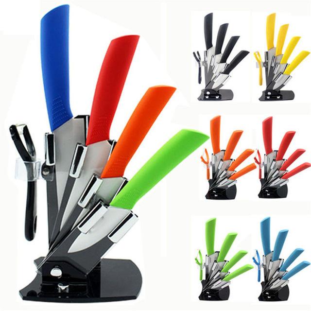 High Quality Ceramic Paring Knife Set with multicolor handles, includes four knives and a peeler.