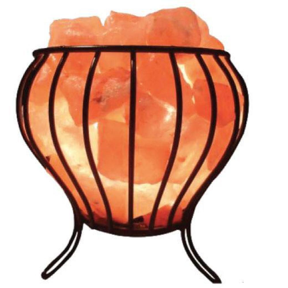 Himalayan Pink Salt Lamp in an iron basket, carved in a conic shape, emitting a warm glow.