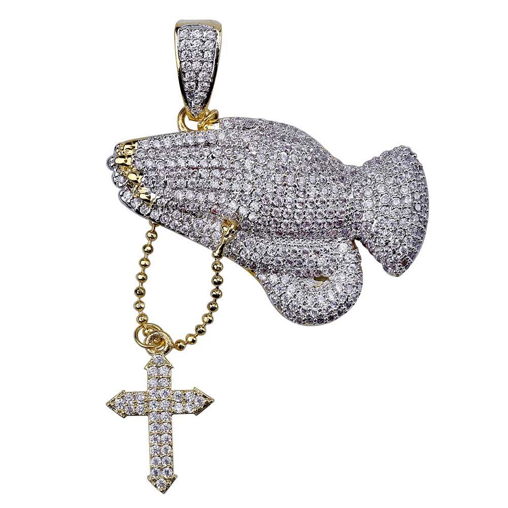 Hip Hop Brass Double Colors Iced Out Micro Pave CZ Praying Hands Cross necklace with sparkling cubic zirconia stones.