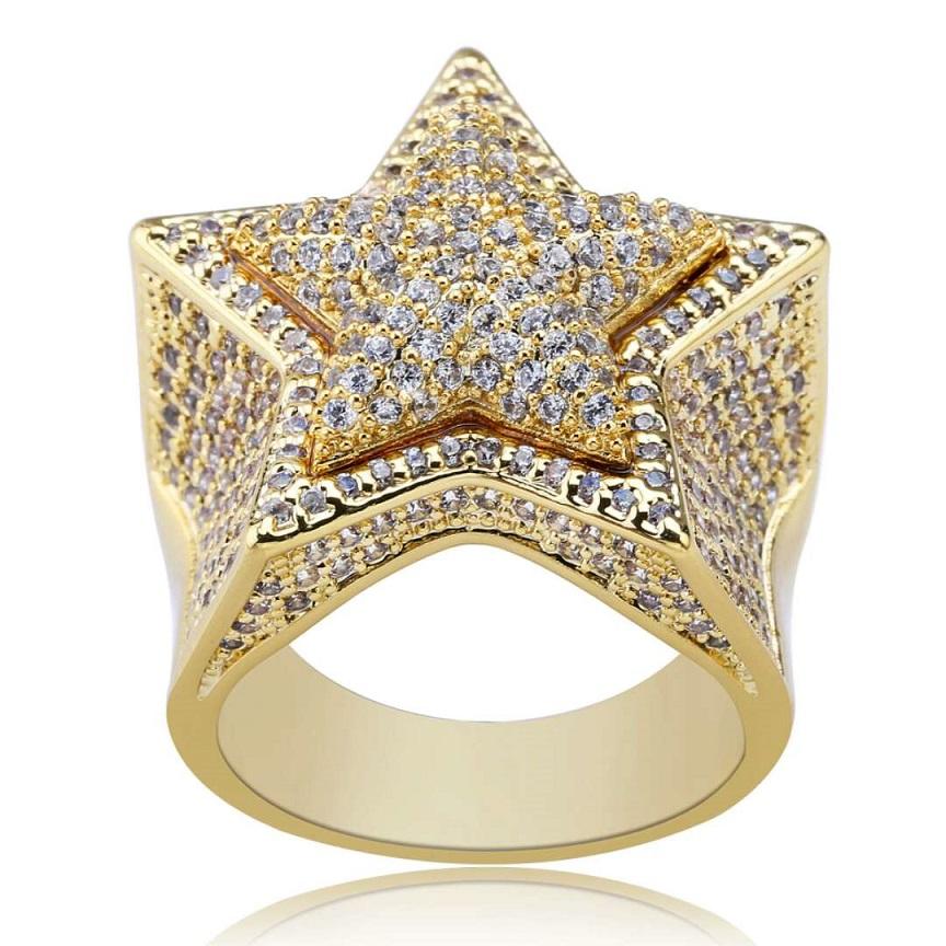 Luxury hip hop star diamonds ring for men, featuring gold and silver plating with cubic zirconia stones in a unique star design.