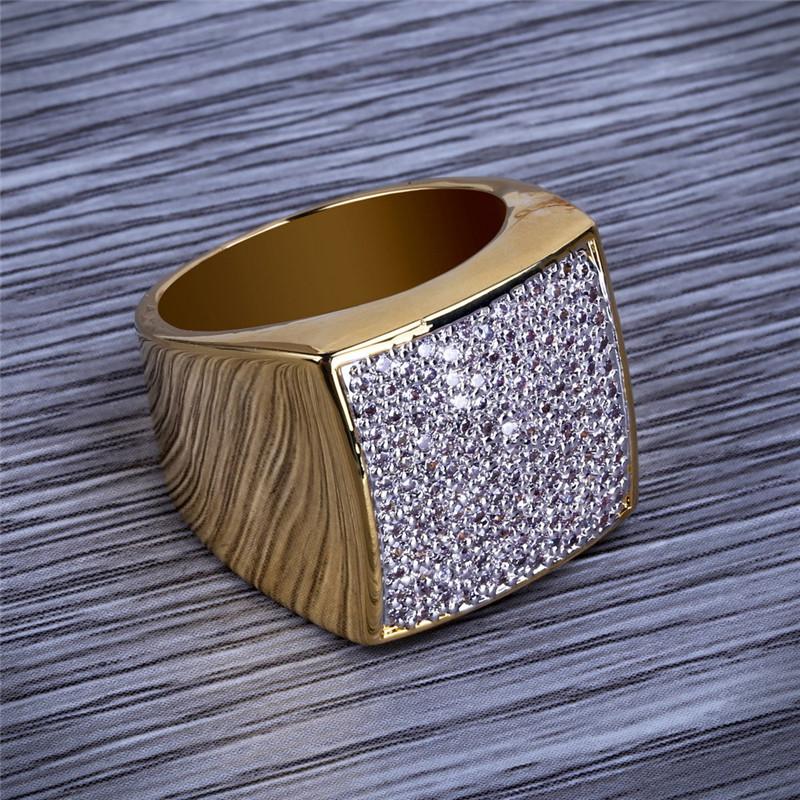 Hiphop CZ Ring for Men featuring full diamond square design and gold plating, showcasing its luxurious and stylish appearance.